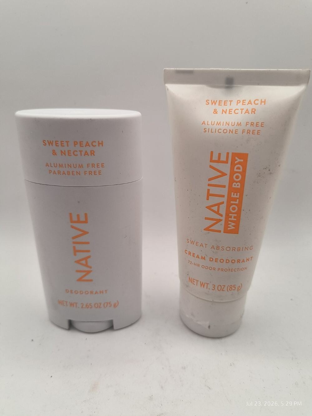 Native Deodorant Whole Body Sweet Peach & Nectar Scent 2.65 oz Solid & Cream 3oz
